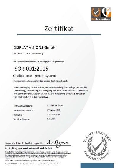 Certified quality management system according to ISO 9001:2015
